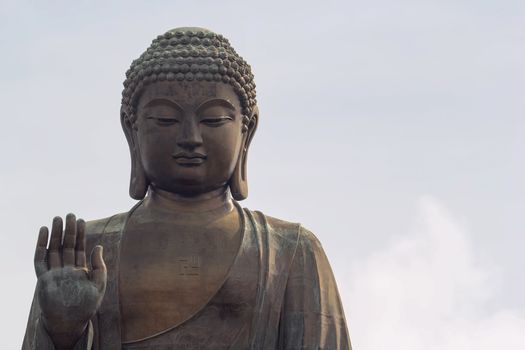 Tian Tan World Largest Sitting Bronze Buddha at Ngong Ping Village in Hong Kong Closeup
