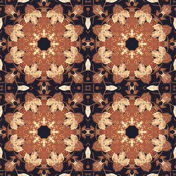 Abstract artistic pattern, seamless handmade floral ornament, applique from the back side of a birch bark on black fabric background