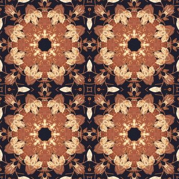 Abstract artistic pattern, seamless handmade floral ornament, applique from the back side of a birch bark on black fabric background