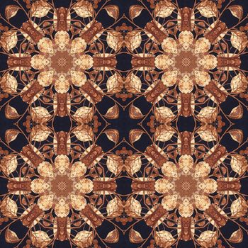 Abstract artistic pattern, seamless handmade floral ornament, applique from the back side of a birch bark on black fabric background