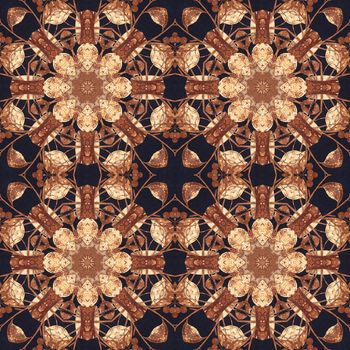 Abstract artistic pattern, seamless handmade floral ornament, applique from the back side of a birch bark on black fabric background