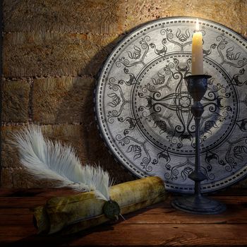 ancient still life with candle and scroll concept background