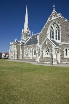 Dutch Reformed Church in Graaff-Reinet, Eastern Cape, South Africa. Imposing building in Cape Dutch style with tall steeple.