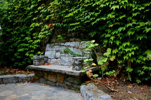 Stone bench at Adrina beach resort garden,Skopelos,Greece