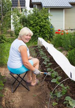 Mature woman working in her garden in June