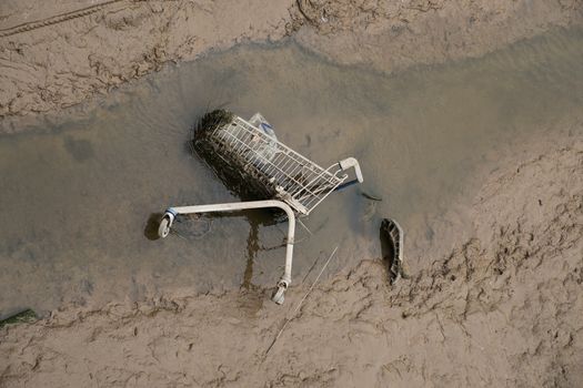 shopping cart dumped in muddy stream