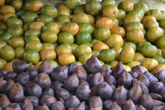 bunch of orange and snake fruit that sold in traditional market