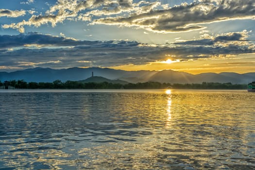 The kunming lake under the sunset in Summer Palace of Beijing, China