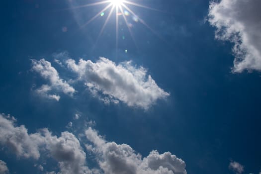 Tropical blue sky with sun and clouds in the afternoon