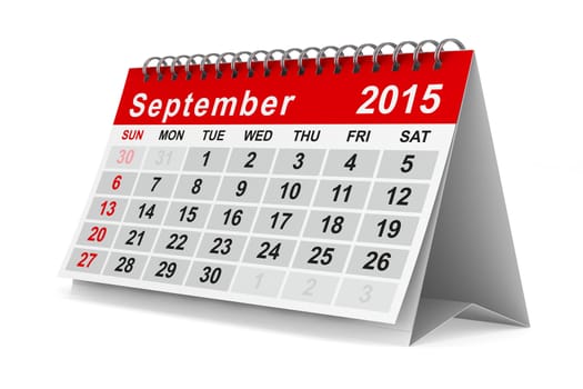 2015 year calendar. September. Isolated 3D image