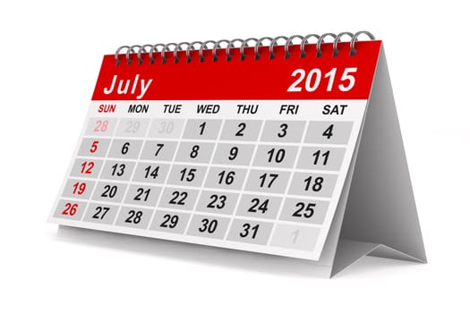 2015 year calendar. July. Isolated 3D image