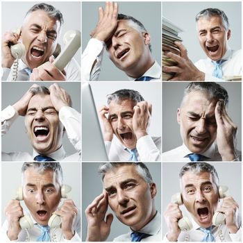 Portraits of a stressed businessman. Various images in a collage