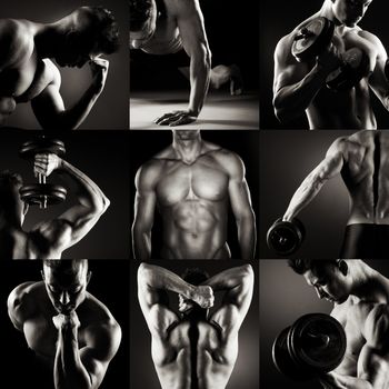 Body builder posing.Various images in a collage on dark background.