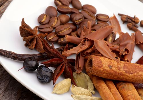 Arrangement of Coffee Beans and Cinnamon Stick with Chocolate Slices, Vanilla Pods, Anise Stars, Cardamon and Barberry on White Plate closeup