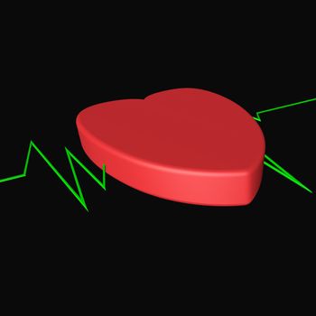 Red heart with green route of cardiogram on the back, 3d render