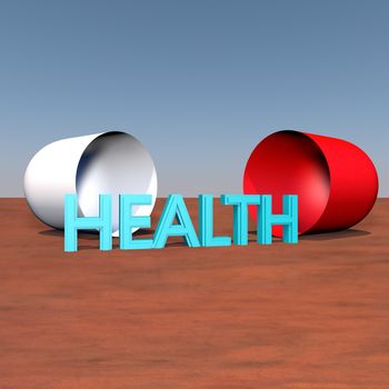 Word "health" coming out of a pill, 3d render