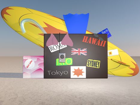 Surf, book and other things for summer holidays out of a suitcase, 3d render