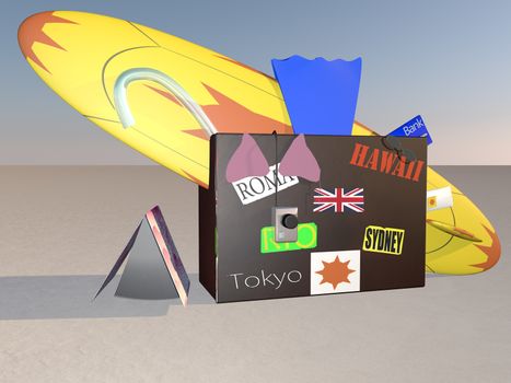 Surf, book and other things for summer holidays out of a suitcase, 3d render