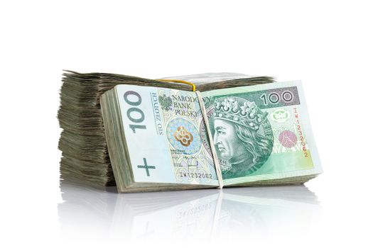 Polish money banknotes on white background. Stack of cash