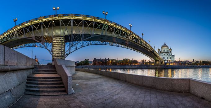 Panorama of Christ the Saviour Cathedral and Patriarshy Bridge in the Evening, Moscow, Russia