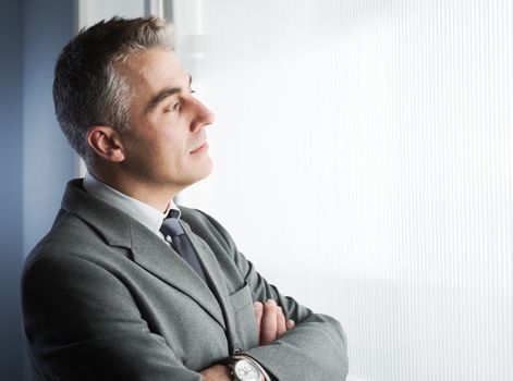 Confident businessman with arms crossed looking through a window.