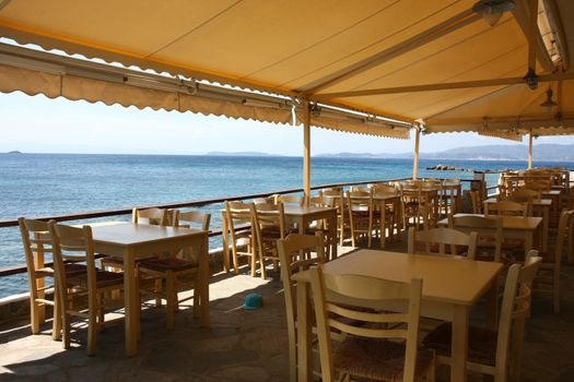 Restaurant on the seashore waiting guests,Loutraki,Skopelos islland,Greece
