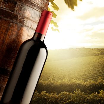 Wine bottle and wodden barrel with sunny rural landscape on background.