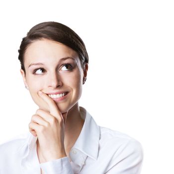 Young attractive woman thinking and smiling with hand on chin.