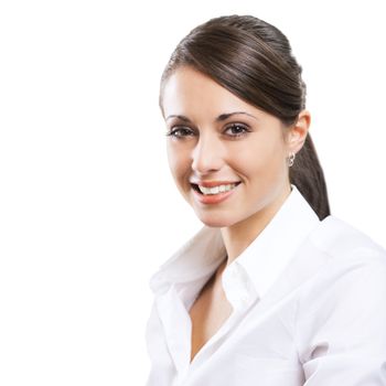 Attractive young woman in white shirt looking confidently at camera.