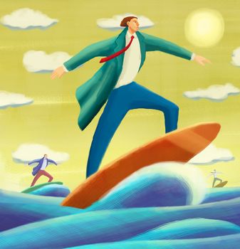 Businessman surfing and riding a wave, flexibility and successful business concept.