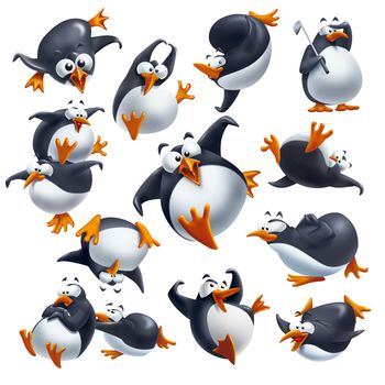 Set of cute funny penguins isolated on white with different expressions and poses.