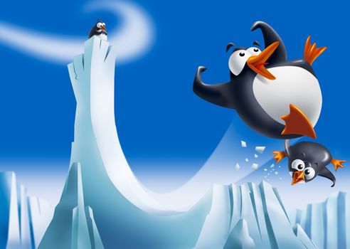 Cute funny penguins sliding down an ice slide and smiling with icebergs on background.