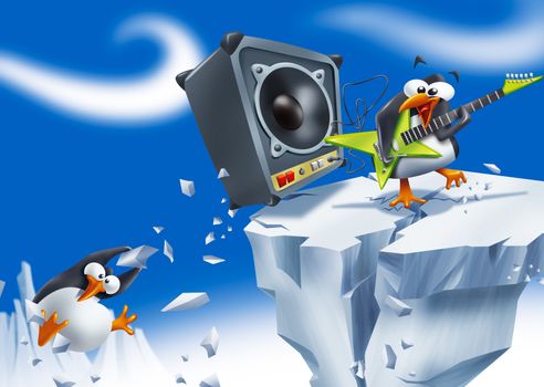 Funny penguin playing electric guitar and cracking ice with sound power and vibrations.