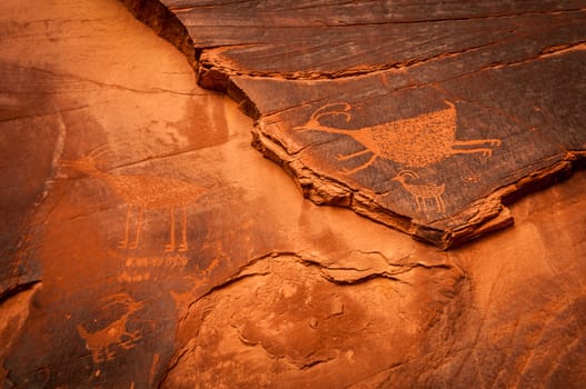 Monument Valley rock painting texture with navajo indian animal picture