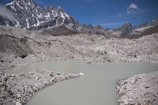 Crossing the rubble strewn Ngozumpa Glacier, 4700 meters up in the Himalaya Mountains of Nepal.