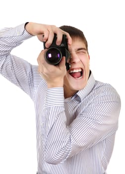 Excited Teenager Take a Picture with Vintage Photo Camera Isolated on the White