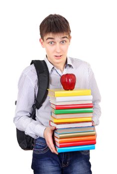 Surprised Student with Knapsack Holding the Books Isolated on the White Background