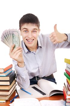 Happy Student with a Money at the School Desk on the white background