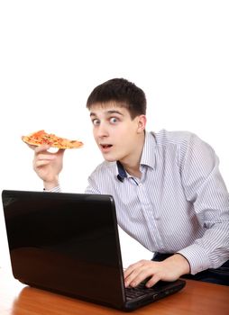 Surprised Teenager with Laptop and Pizza Isolated on the White