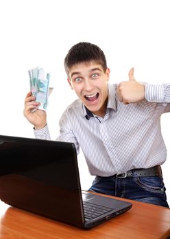 Successful Teenager with Laptop and Russian Currency Isolated on the White Background