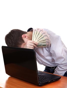 Sad Teenager with Laptop and Money Isolated on the White Background