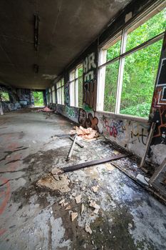 Abandoned factory hall and windows