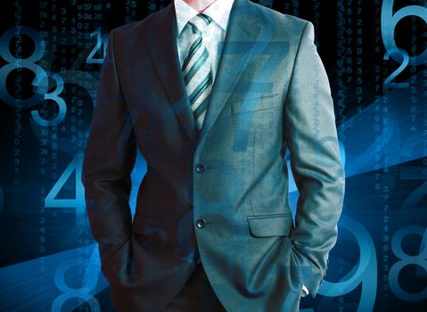 Businessman in a suit with background of blue glowing figures