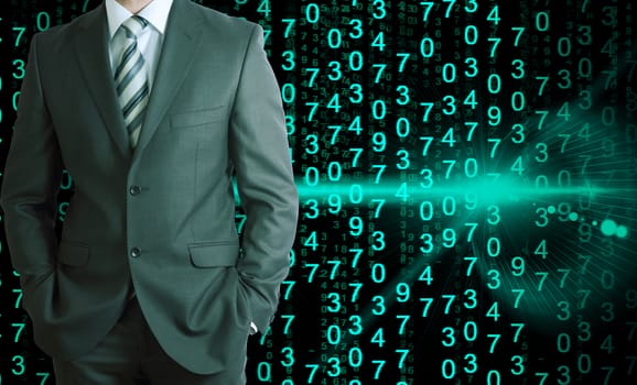 Businessman in a suit with background of green glowing figures