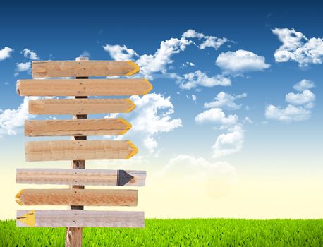 Road sign in green grass field over blue sky background