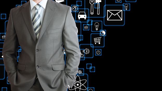 Man in suit and application icons. The concept of software