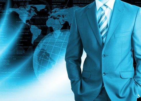 Businessman in a suit with background of Earth and graphics. Business concept