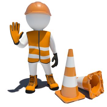3d worker and traffic cones. Isolated on white background