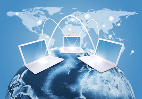 Laptops with Earth against world map background. Connections and network. Elements of this image are furnished by NASA