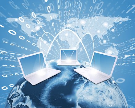 Laptops with Earth against world map background. Connections and network. Elements of this image are furnished by NASA